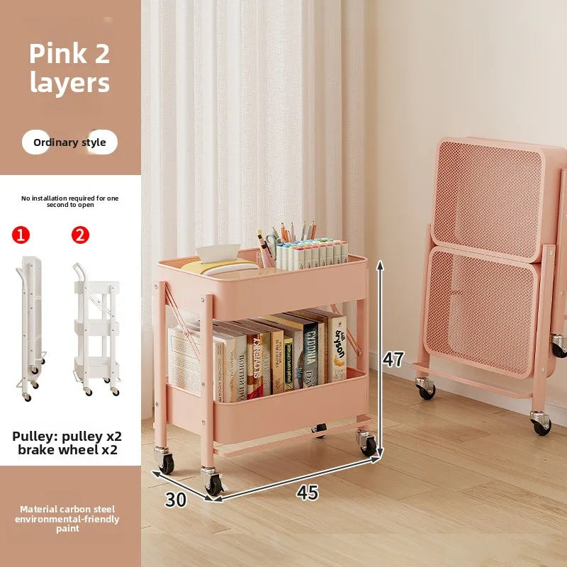 Multi-functional trolley rack household folding multi-layer carbon steel storage rack Oasis Select Pink A