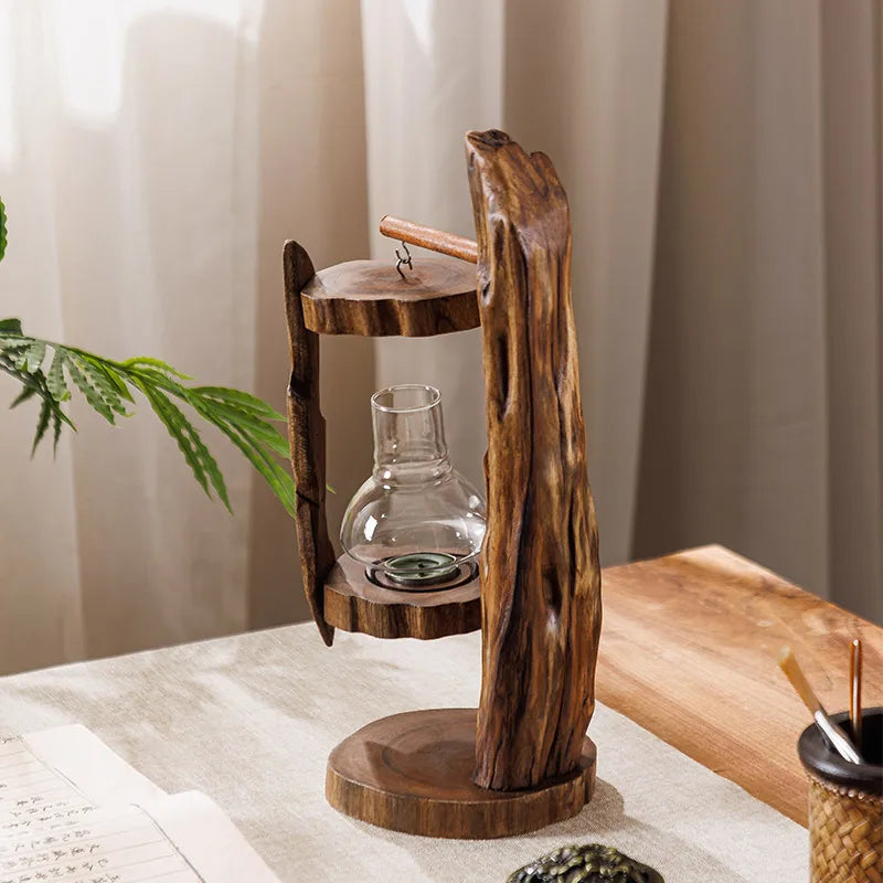 Log Wind Lamp Creative Candlestick Retro Southeast Asia Glass Cover Candlestick Outdoor Windproof Lantern Zen Decoration Oasis Select