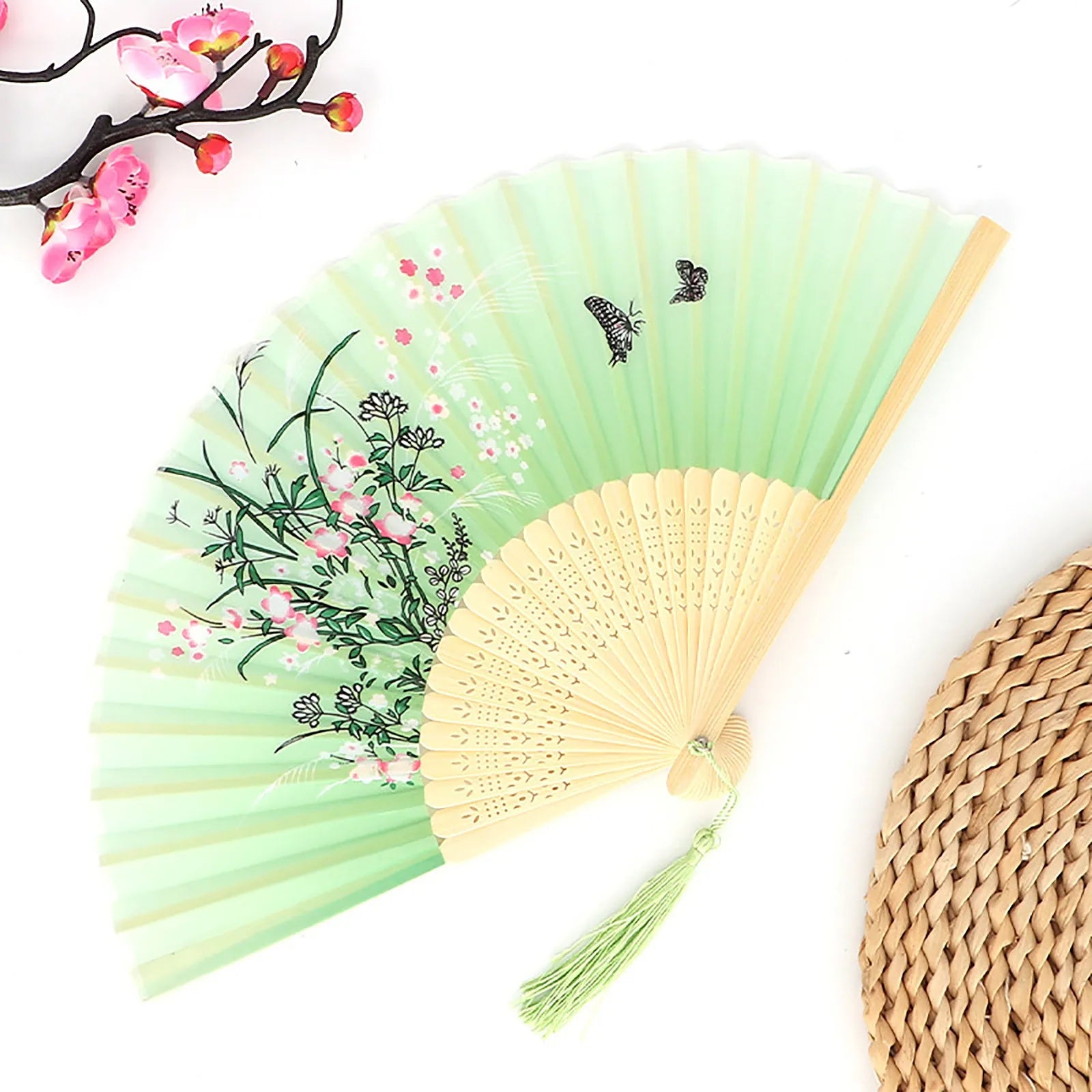 Vintage Silk Folding Fan Chinese Japanese Art Crafts Gift Home Decorations Dance Hand Fan Bamboo Room Decor Wood Fans Oasis Select B One Size