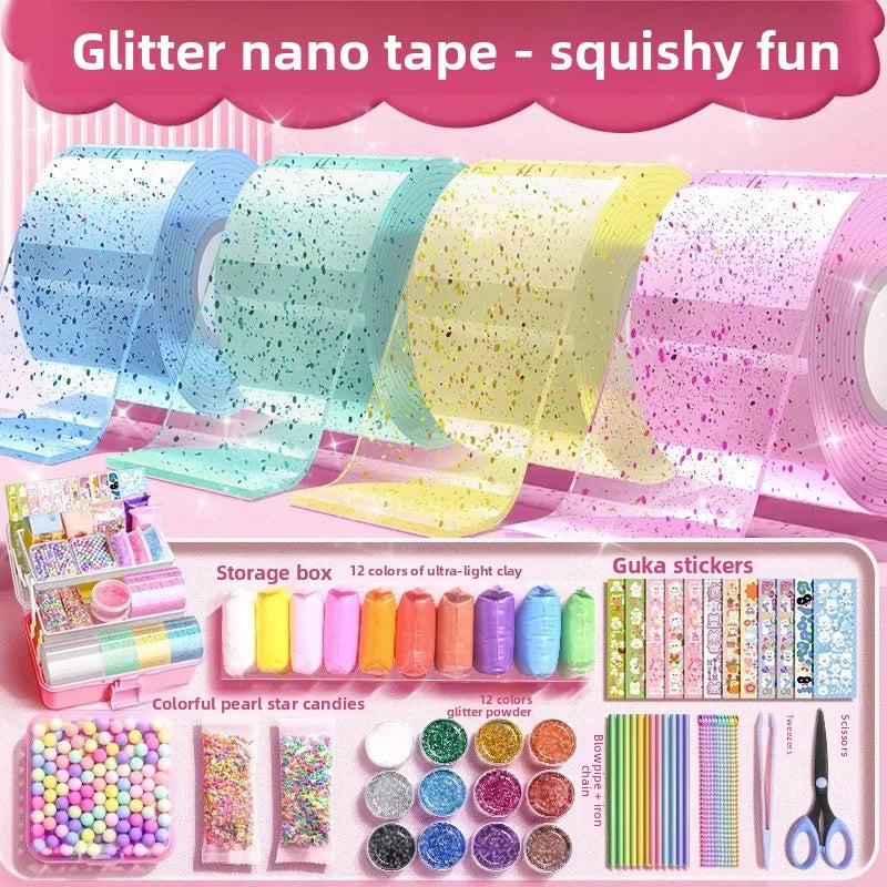 Glitter Nano Glue Set Bubble Blowing Slime Kit Putty Stretchy for Stress Relief DIY Bubble Hole Adhesive Fidget for Kids Oasis Select