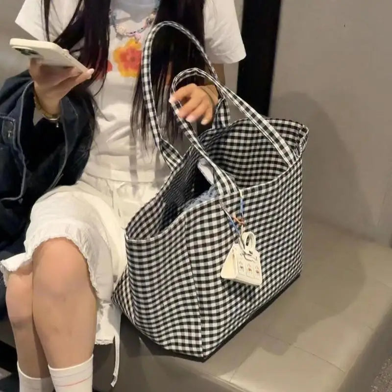 Canvas Tote Bag For Women Large Capacity Striped Plaid Polka Dot Shoulder Bag Reusable Shopping Handbag For Work Travel Beach Oasis Select