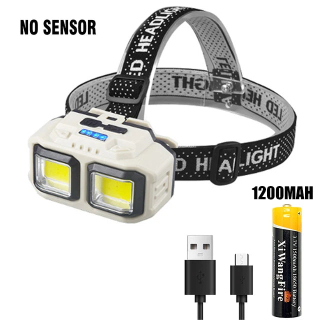 Powerful LED COB Sensor Headlamp 4 Lighting Modes Type-C Rechargeable battery display Waterproof Outdoor Camping Headlight Oasis Select No Sensor 1200mAh