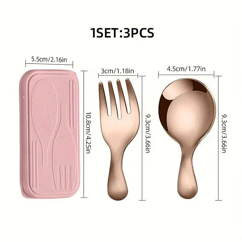 3pcs Portable Cutlery Set, Stainless Steel Short Handle Round Head Spoon, Mini Spoon and Fork Set Boxed Oasis Select rose pink