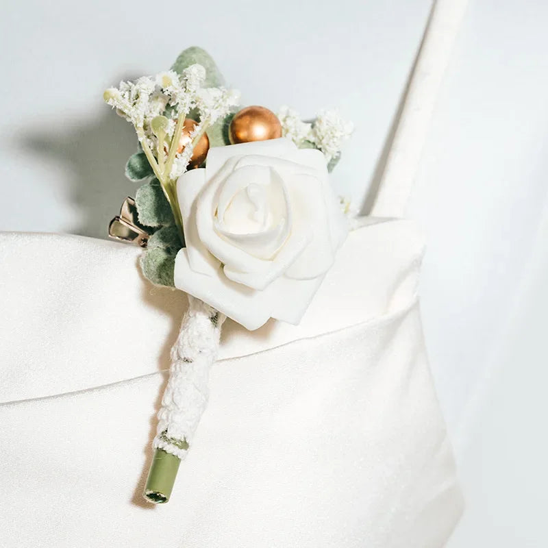 Boutonnieres Flowers Artificial White Roses Silk Ivory Corsage Buttonhole Groomsmen Boutonniere for Men Wedding Accessories Oasis Select