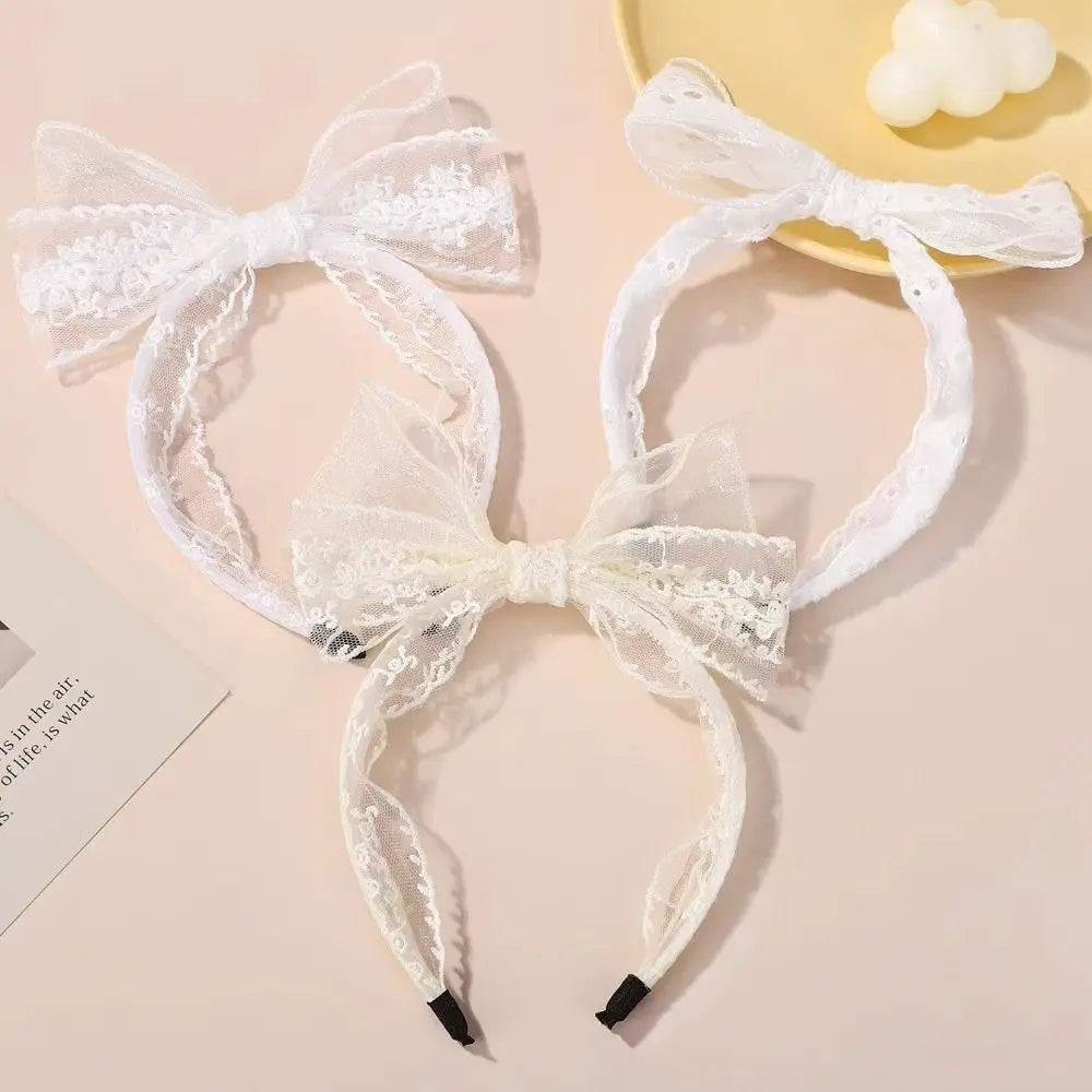 Elegant Lace Bow Hairbands Double Layered Non-Slip Princess Headband Flower Embroidery Lightweight Yarns Headband Oasis Select