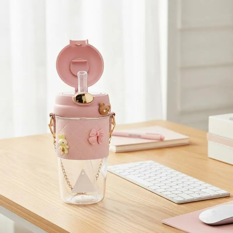 1 PCS Cute Bunny Ear Clear Large Capacity Water Bottle Pearl Strap Cartoon Decors For Girls Daily Use Oasis Select