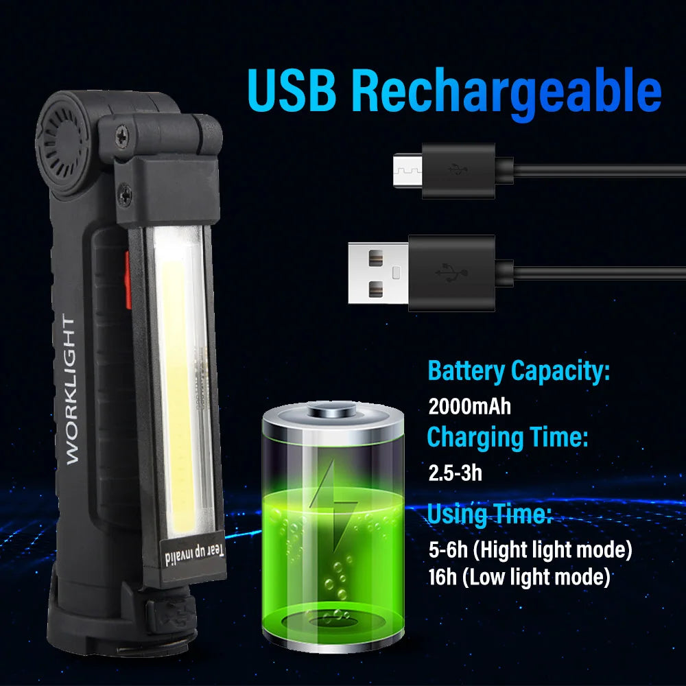 Rechargeable Camping LED Work Light COB Flashlight with Magnet and Hook Waterproof 5 Lighting Modes Suitable for Night Work Oasis Select