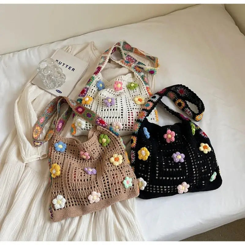 Large Capacity Boho Tote Bag Trendy Floral Crochet Handbag Vintage Multicolor Cut-out Knitted Handbag Fashionable Hollow Out Oasis Select