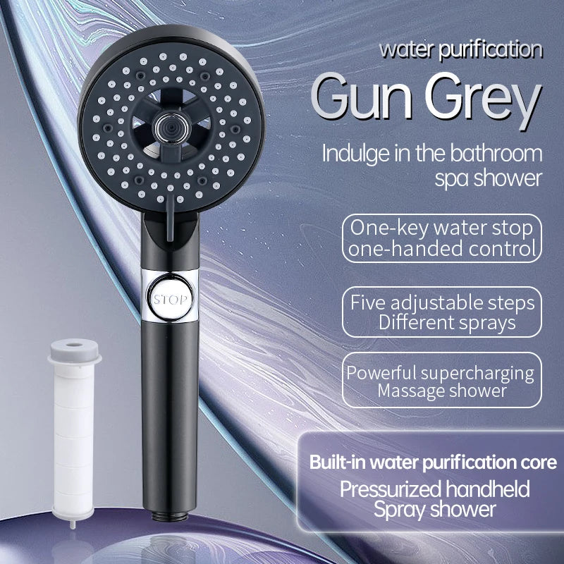 New High Pressure Shower Head 5 Modes Adjustable Showerhead Water Saving One-Key Stop Spray Nozzle Hose Bathroom Accessories Set Oasis Select Grey Shower