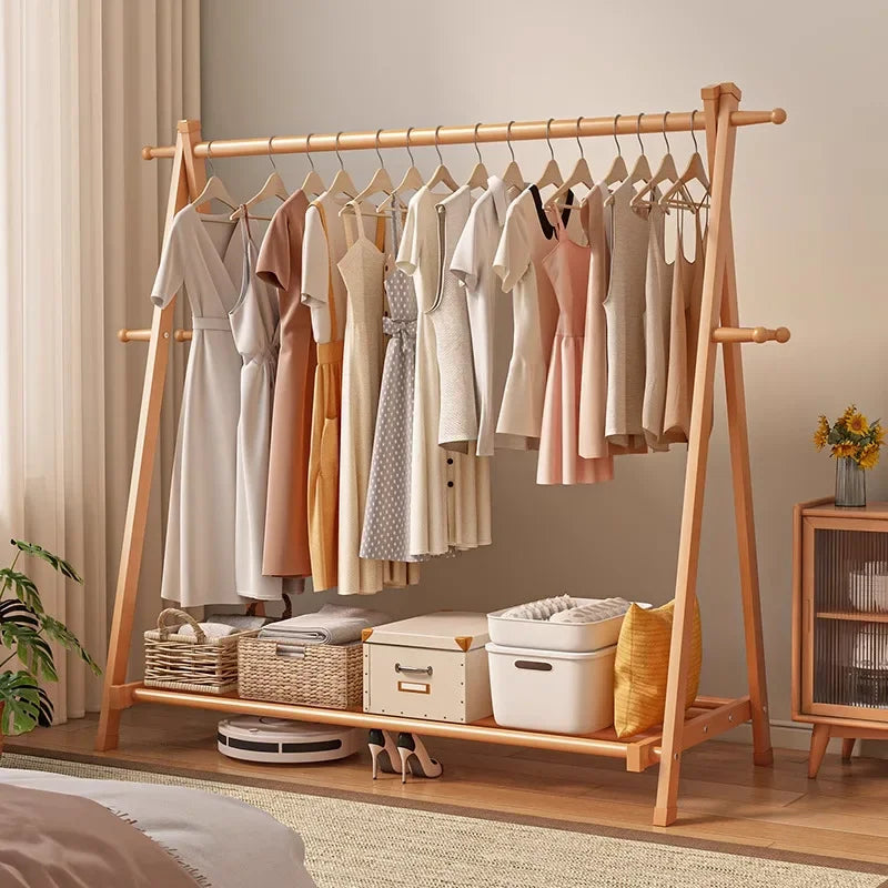 Solid wood coat rack household hanger floor-to-ceiling bedroom balcony drying clothes storage rack hanging bag rack Oasis Select