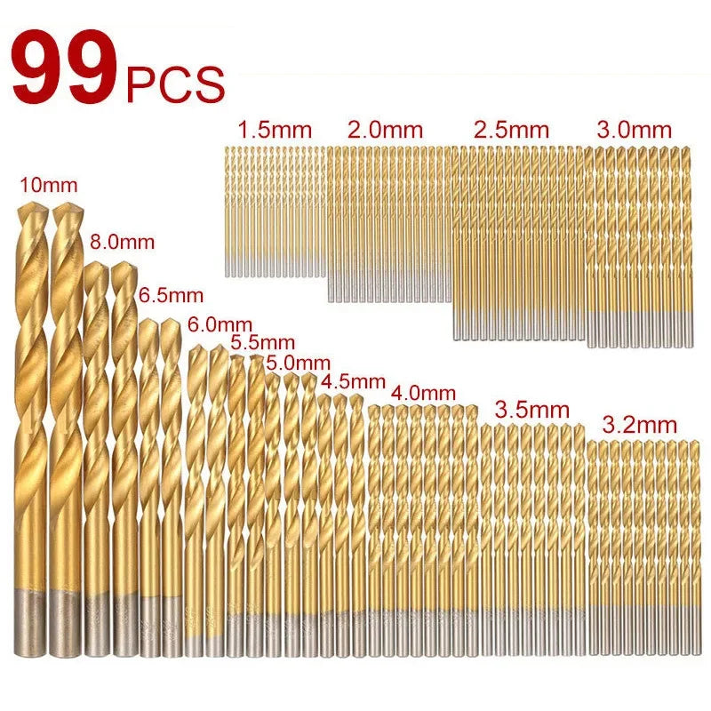 99-Pc Titanium HSS Twist Drill Bit Set 1/16"–1/4" Wood Metal Twist Drill Bit Set Oasis Select 99Pcs bagged