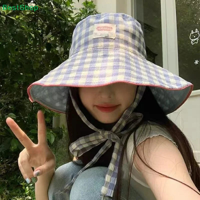 Women's Wide Brim UV Sun Hat with Chin Strap – Plaid Beach