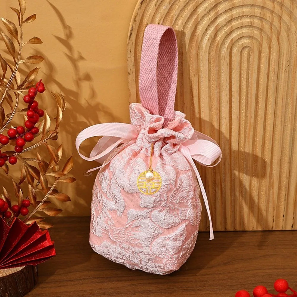 Chinese Style Embossed Flower Drawstring Candy Gift Bag