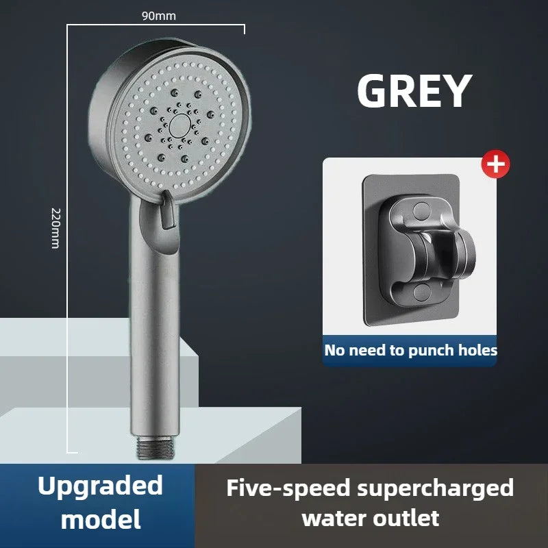 5 Mode Pressure Boost Shower Head Multifunction Adjustable Large Water Yield Shower Nozzle Massage Shower Bathroom Accessory Oasis Select grey head and hook