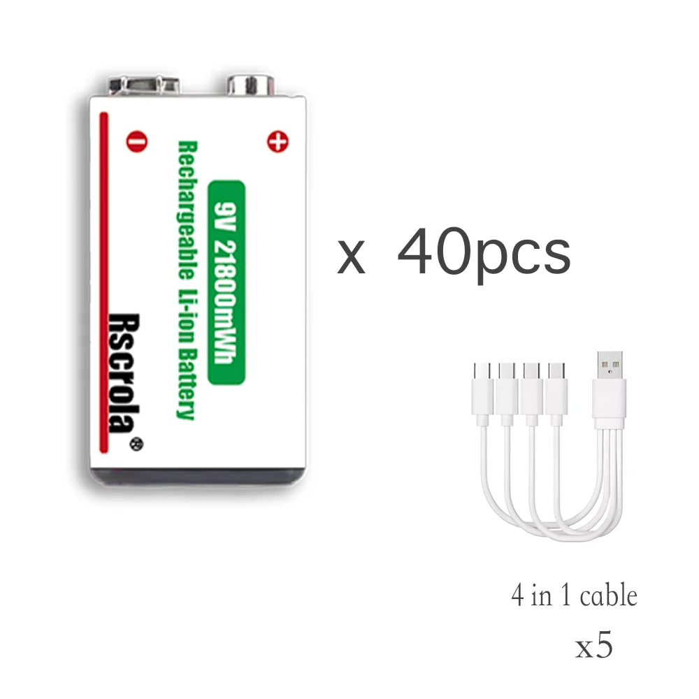 Long-Lasting 9V Lithium ion Rechargeable Battery 21800mWh High Capacity for Guitar Microphone Smoke Detector Pedal with Cable Oasis Select 40 pcs 9v Batteries 9v