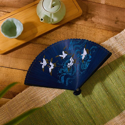 18cm Chinese style retro style all bamboo crane dark green big red bronzing folding fan portable cheongsam dance fan Oasis Select Blue