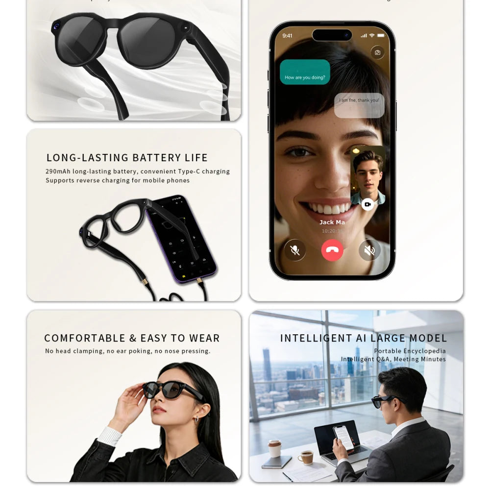 AI Smart Glasses 1300W Pixel Anti Blue Light HD Camera Video BT Call Real-time Translation Live Streaming Glasses Sunglasses Men Oasis Select