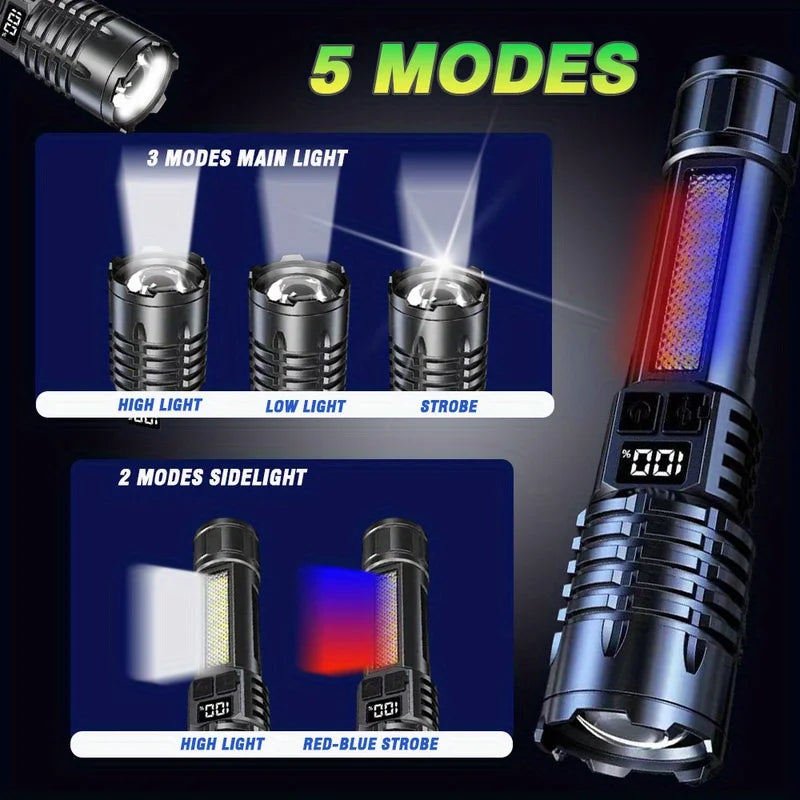 Mikenoon Rechargeable LED Flashlight | COB Side Light, 5 Modes