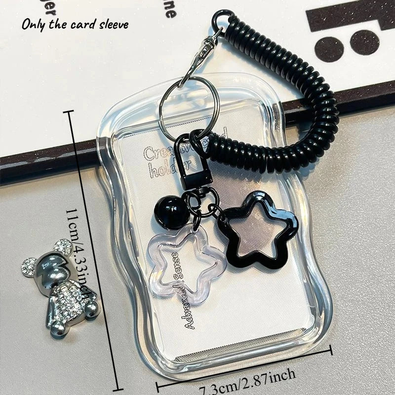 Kawaii Wavy Edge Clear Card Holder with Star Keychain Transparent ID Badge Holder for Student Bus Card & Credit Card Storage Oasis Select black