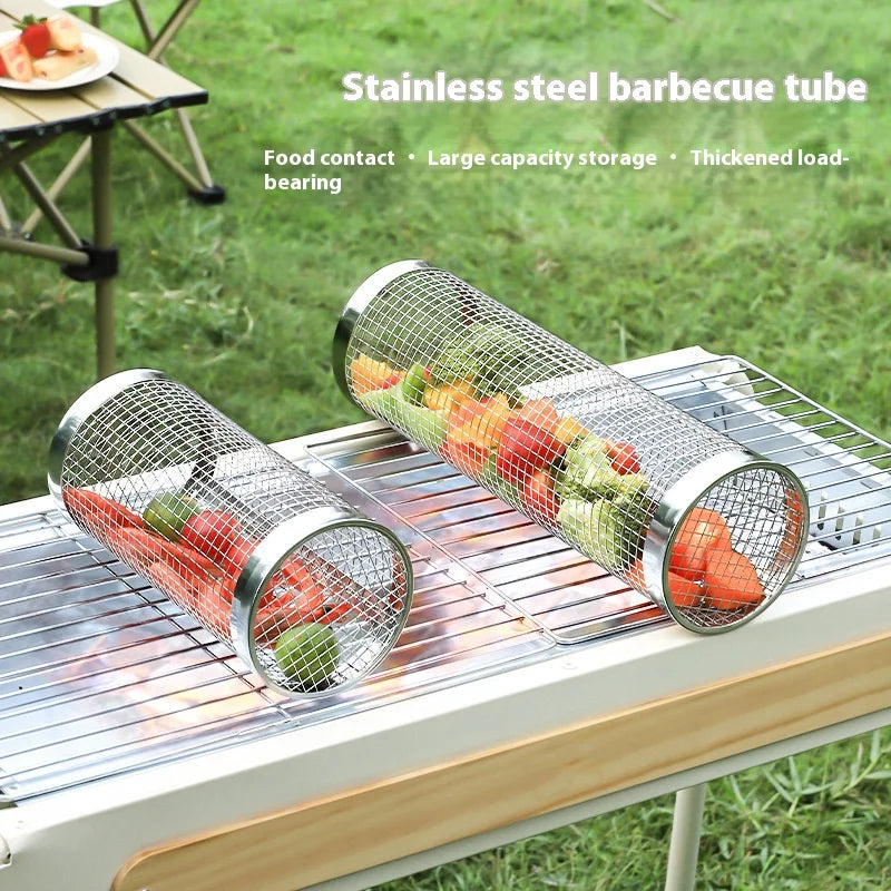 Round Barbecue Cage, Outdoor BBQ Smoking Cage, Portable Barbecue Stove, Rotating and Rolling Stainless Steel Cage Oasis Select