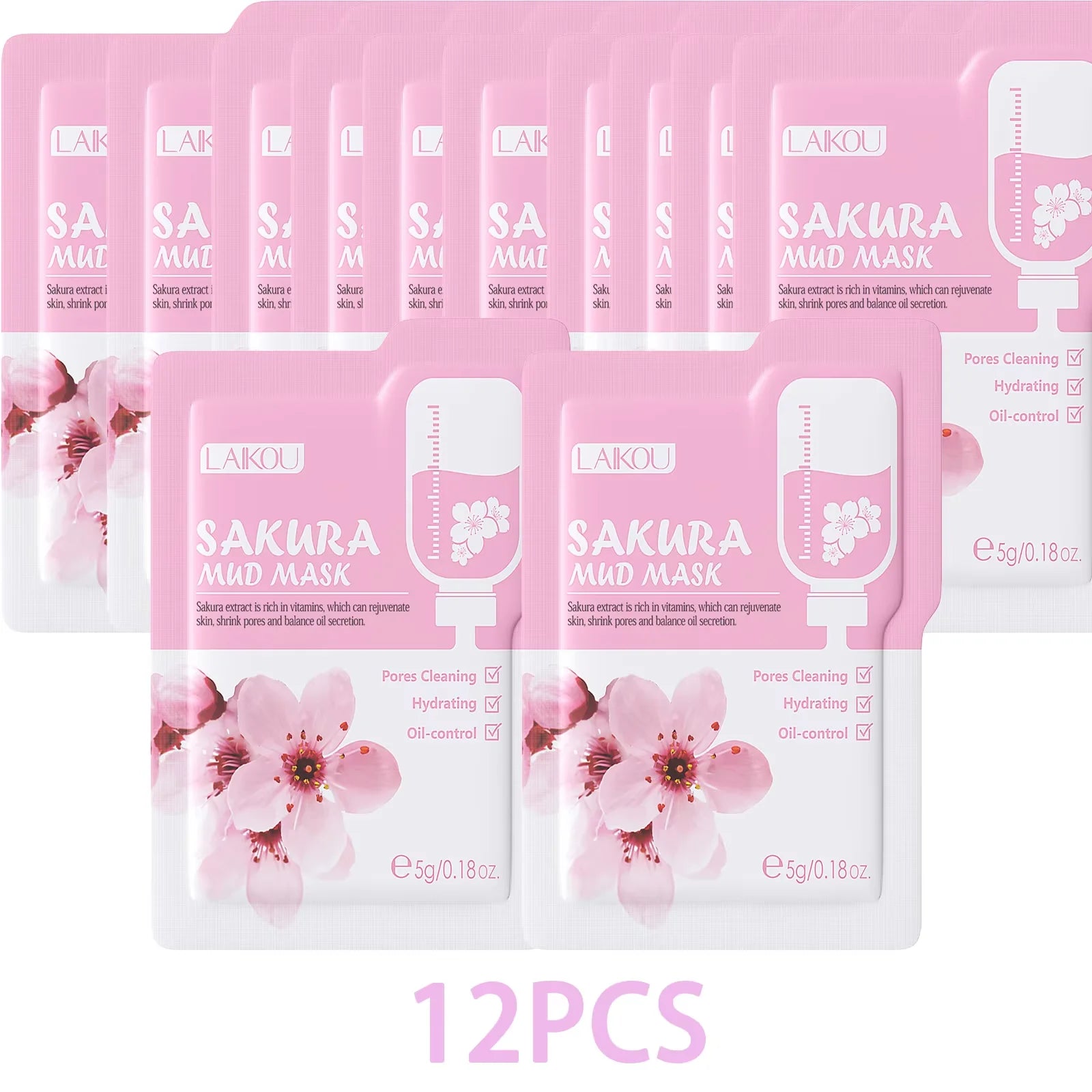 LAIKOU Japan Sakura Clay Mud Mask Hydrating Gentle Cleansing Refreshing Oil Balancing Daily Facial Skin Care Mask 5g Oasis Select 12 pcs