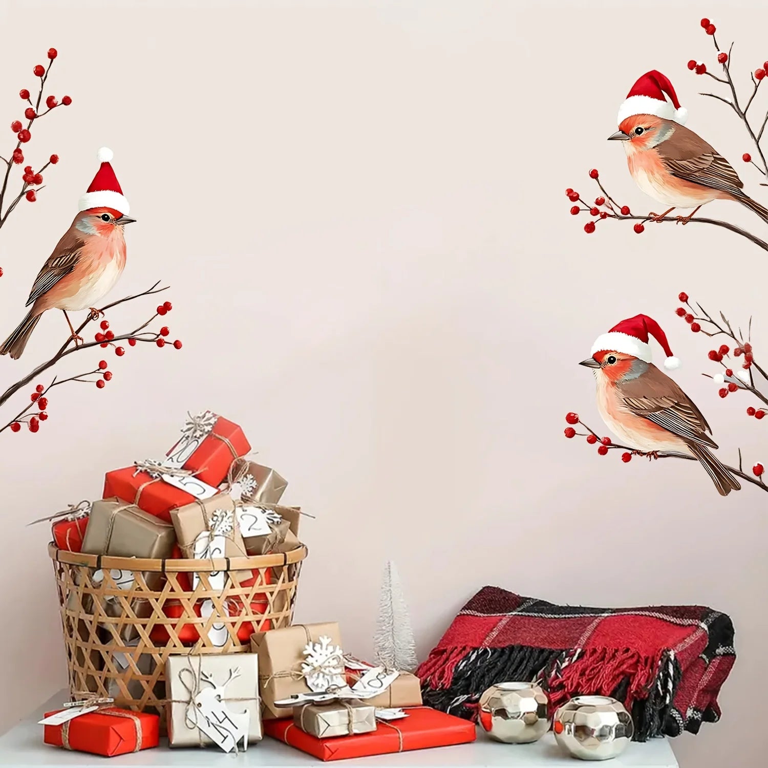 1PC Three Birds in Santa Hats Window Stickers Christmas Theme Red Berry Branches Decorative Wall Stickers for Glass and Window Oasis Select