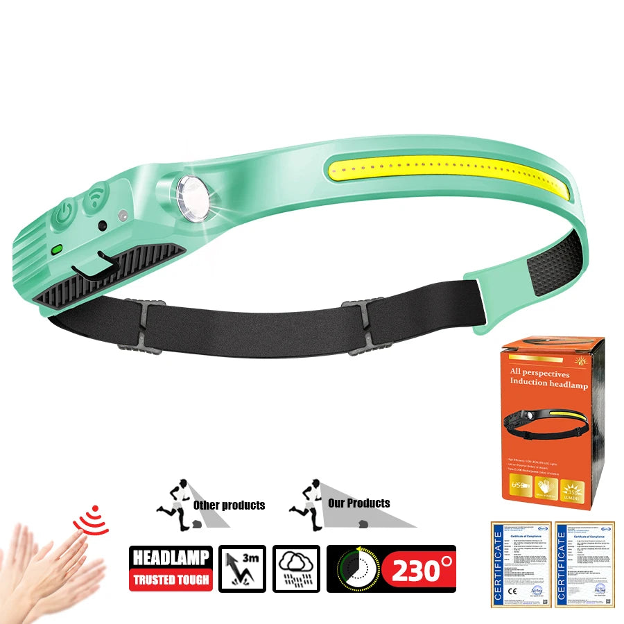 COB+LED Sensor Head Flashlight Super Bright Induction Headlamp 18650 Battery USB Rechargeable Torch Camping Fishing Work Lights Oasis Select Green