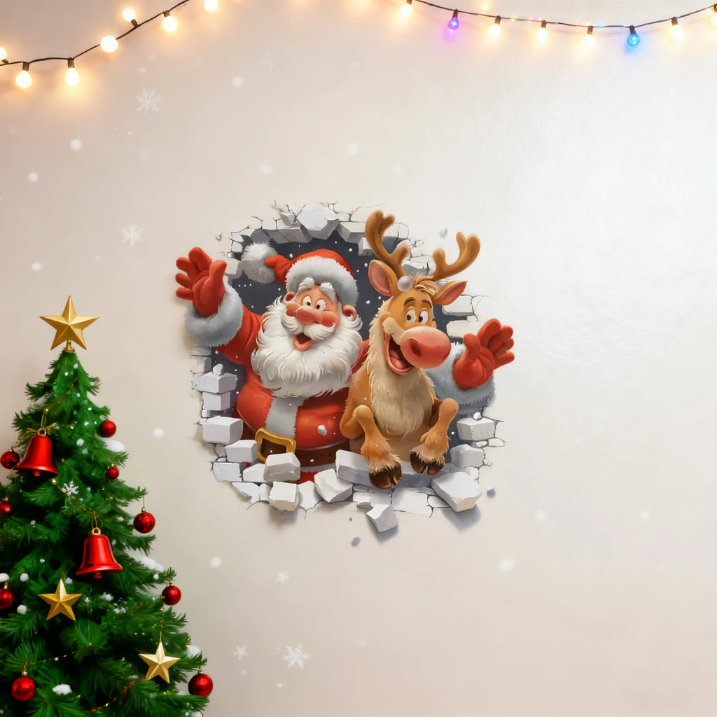 3D Santa & Reindeer Christmas Wall Stickers | Removable PVC