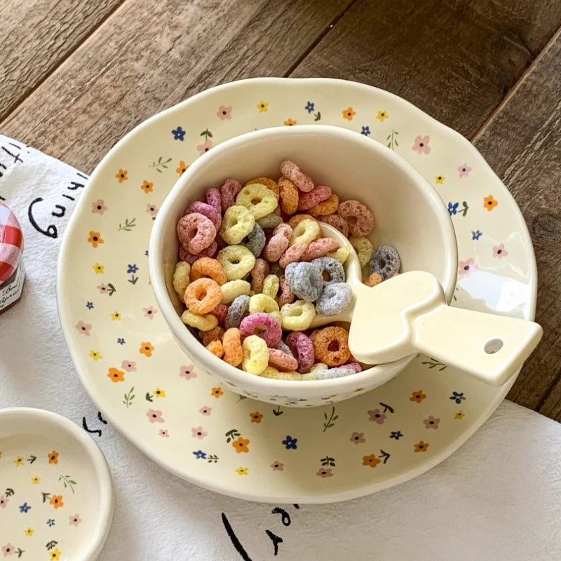 Korean Ceramic Bowl Dish with Fresh Flower Design INS Style High Appearance Level Home Domestic Rice Dish Fruit Salad Bowl Oasis Select