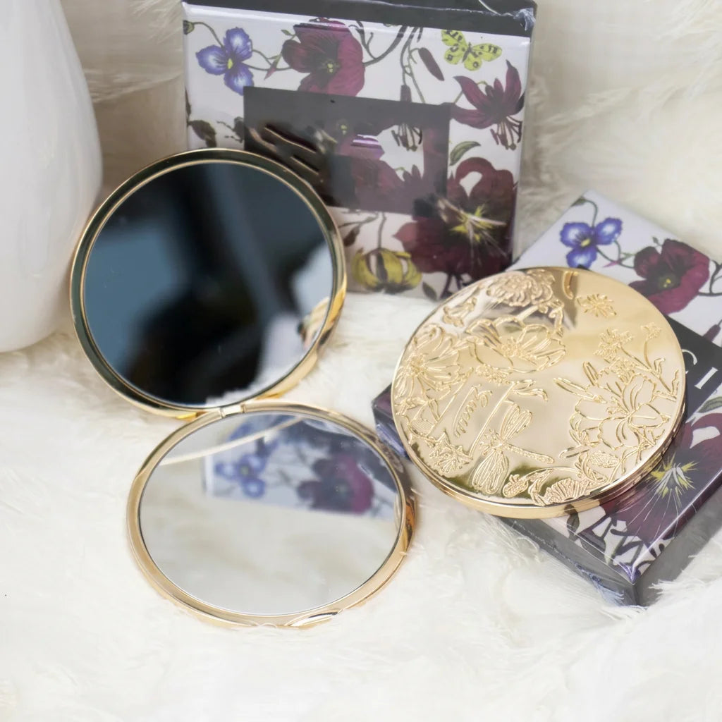 Vintage Gold Folding Compact Pocket Mirror – Floral Embossed