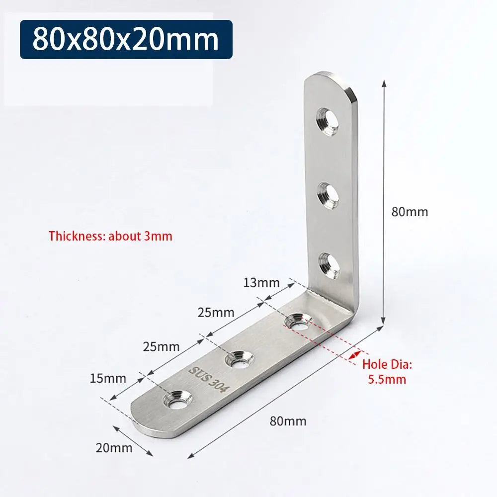 1Pcs Cabinet Screens Wall Angle Bracket Furniture Fastener SUS304 Stainless Steel Corner Brace Joint L Shape Oasis Select 80x80x20mm