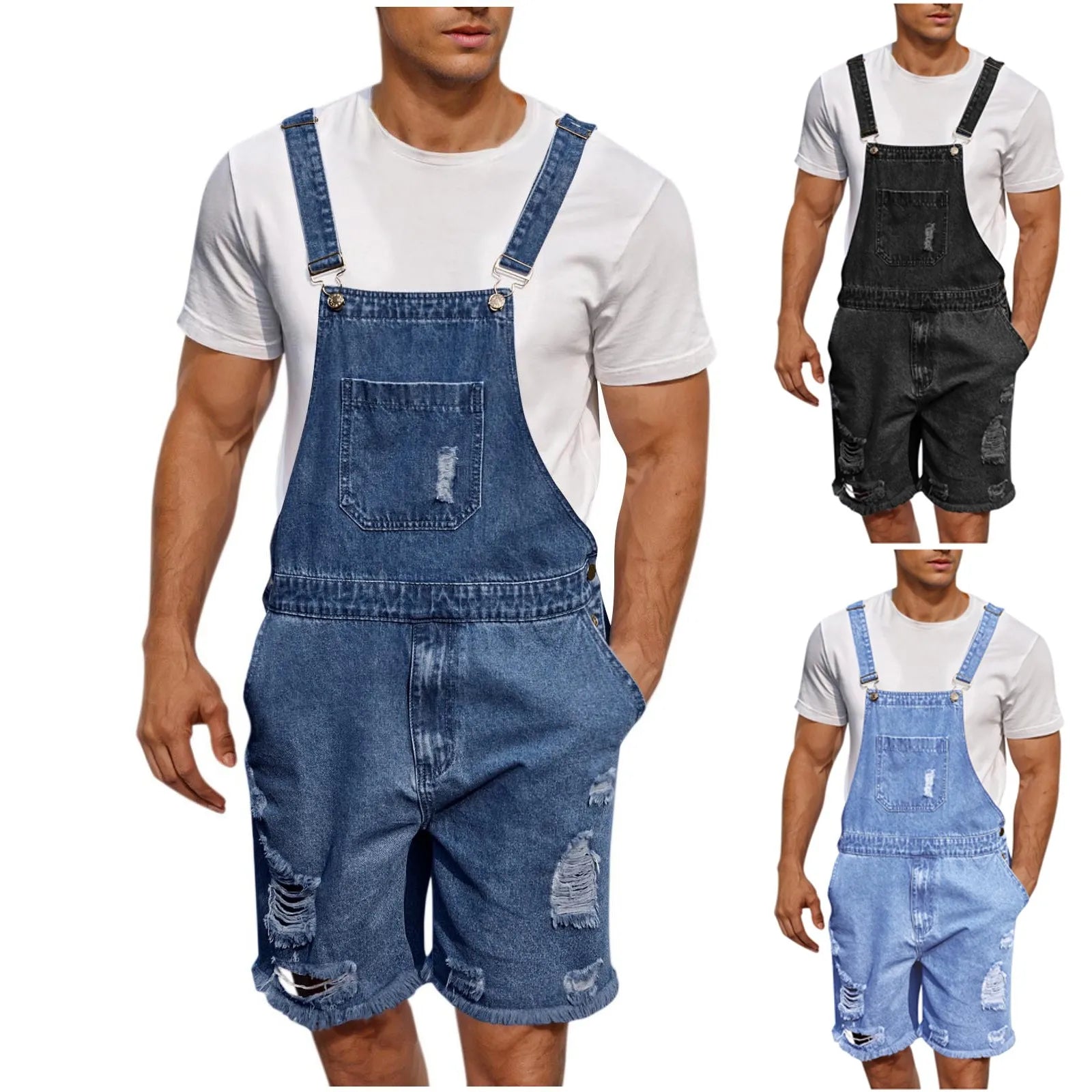 Summer Men's Vintage Jeans Overalls Elastic Denim Jumpsuit With Pockets Men Casual Button Suspenders Short Pants Oasis Select