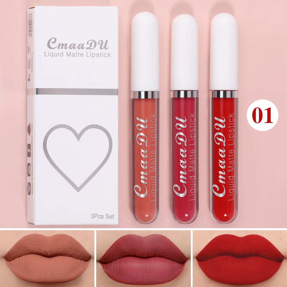 3 Pcs Matte Lipstick Lip Gloss Sets Long-Lasting Non-Fading Waterproof Non-stick Cup Exquisite Gift Everyday Holiday Universal Oasis Select 01