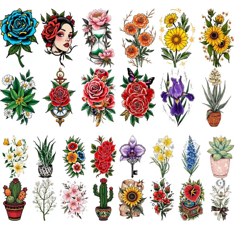 28pcs Waterproof Temporary Tattoos – Rose, Cactus & Sakura