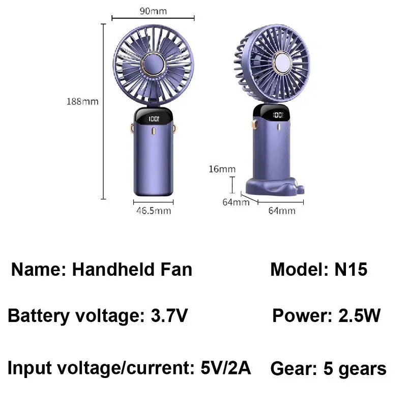 Portable Handheld Mini Fan 3000mAh Foldable Neck Hanging Fans 5 Speed Adjust USB Charge Fan with Phone Stand and Display Screen Oasis Select