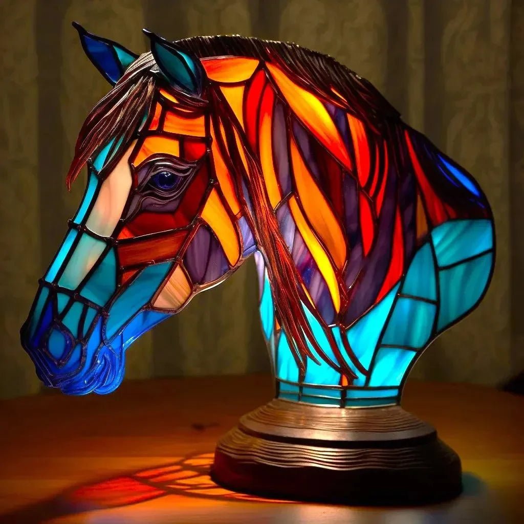 Resin Stained Glass Animal Table Light Night Light Owl Horse Rooster Elephant Table Lamp for Living Room Home Bedroom Decoration Oasis Select Horse