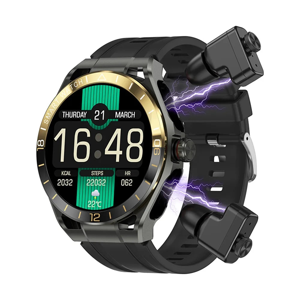 Smart Watch 2 In 1 Blue Tooth Call Earphones Voice Assistant Heart Rate Health Sports Smartwatch TWS Noise-canceling Headphones Oasis Select BGBKS