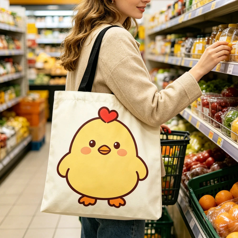 Cute Yellow Chick Red Heart Print Canvas Tote Bag Eco Reusable Shoulder Bag Grocery Daily Shopping Bag Oasis Select
