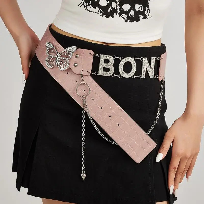 Rhinestone Y2K Letter Belt – PU Butterfly Chain Women's Belt Fashion Belt Oasis Select A8