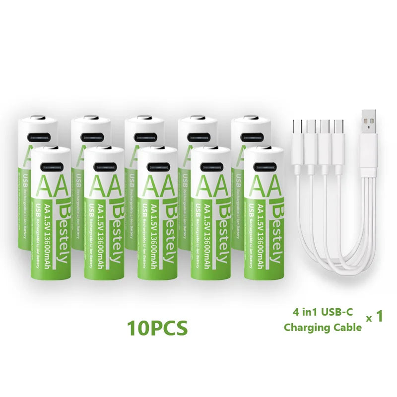 New 1.5V AA13600mAh/AAA8000mAh USB Type-C Rechargeable Lithium Battery for Mouse， Cameras, Electric Toothbrushes, Shavers Oasis Select 10 AA13600 1.5V