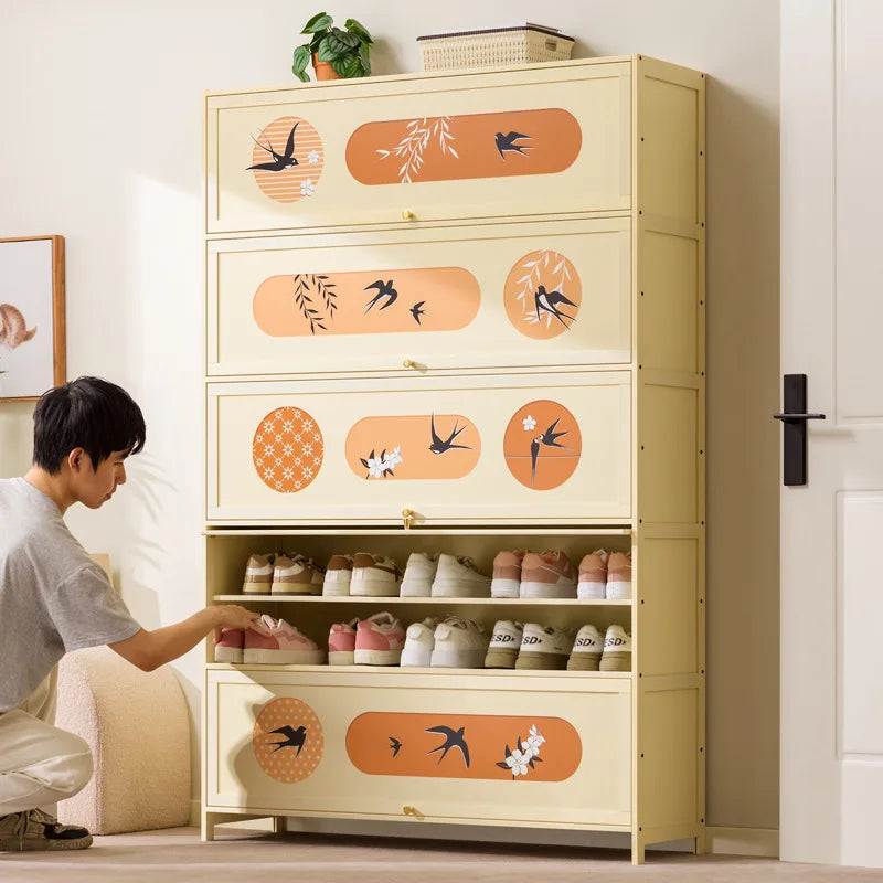 Home shoe cabinet Home entrance Indoor solid wood porch cabinet Large capacity shoe rack Cream style retro storage Oasis Select