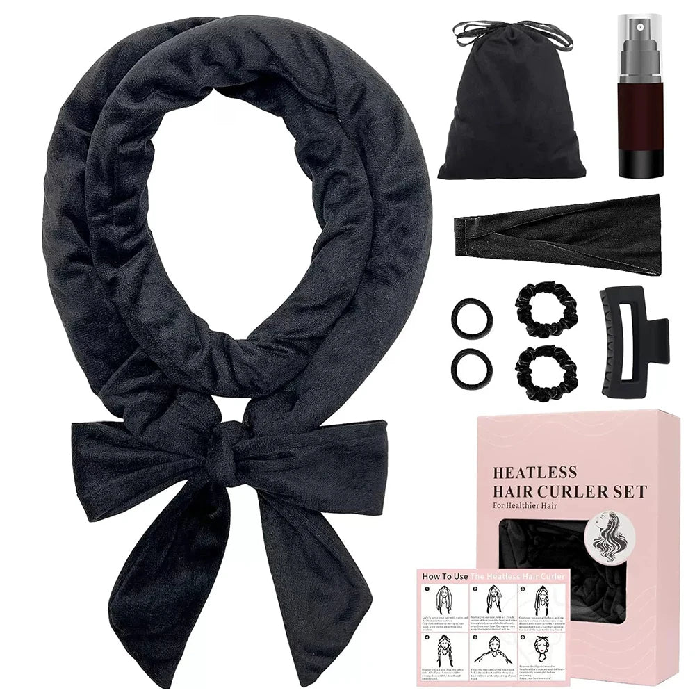 9pcs Heatless Curling Rod Headband, No Heat Silk Ribbon Rollers for Overnight Sleeping Curls, Styling Kit with Hair Clips and Sc Oasis Select black