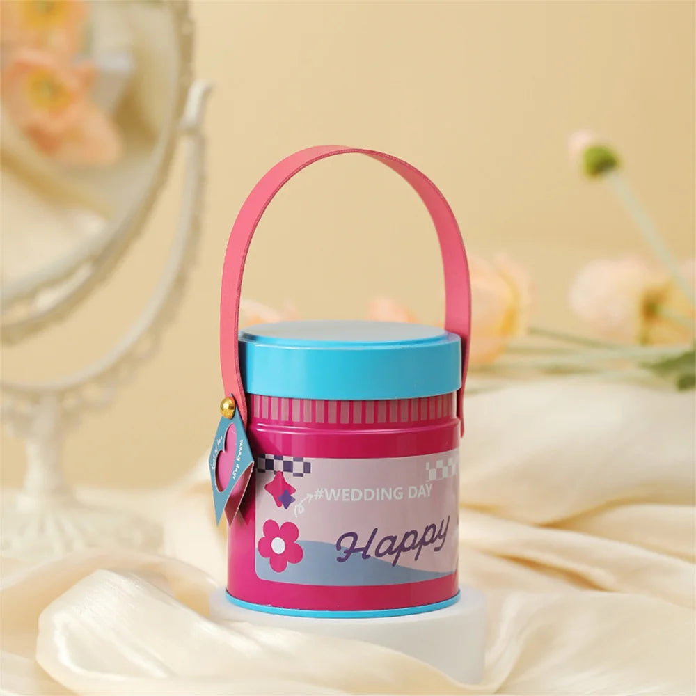 Wedding Tin Candy Box Round Storage Boxes Portable Handle Sugar Coffee Tea Tinplate Organizer Can Children Gifts Packaging Box Oasis Select Rose red other