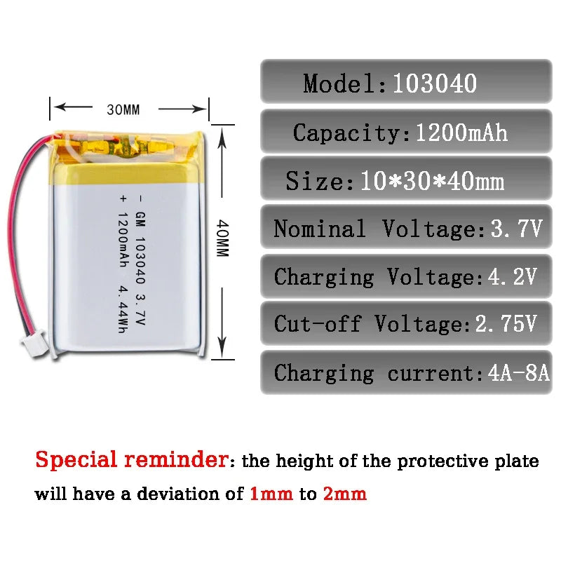 3.7V 1200mAh 103040 Lithium Polymer Battery For PS4 Humidifier GPS Navigation Device Intelligent Wearable Locator Oasis Select