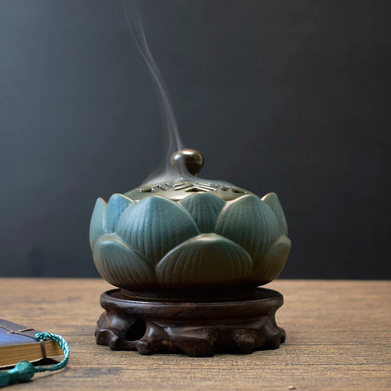 Ceramic Lotus Incense Burner Creative Retro Zen Aroma Diffuser Household Indoor Sandalwood Incense Burner Decoration Oasis Select With base