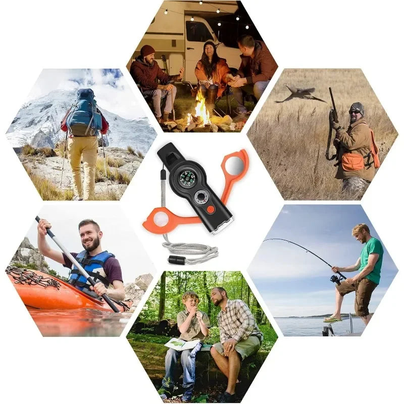 7in1 Emergency Survival Function Whistle Outdoor Multifunctional Survival Whistle with Lanyard Compass Flashlight Camping Hike Oasis Select