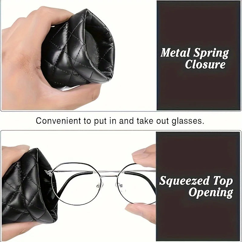 2pcs Soft PU Double Glasses Case Portable Squeeze Top Leather Glasses Case Minimalist Argyle Anti-Scratch Glasses Storage Bag Oasis Select