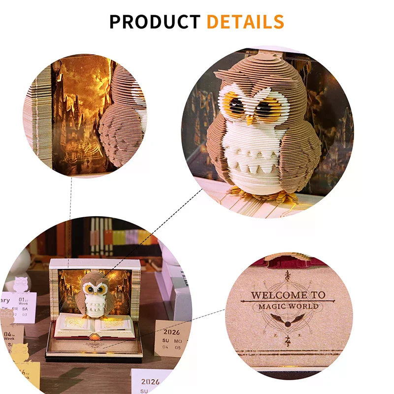 Time Piece Calendar 2026 Desk Calendar With Light 3D Magic Owl Calendar Paper Carving Art Memo Pad Notepad Gift for Christmas Oasis Select