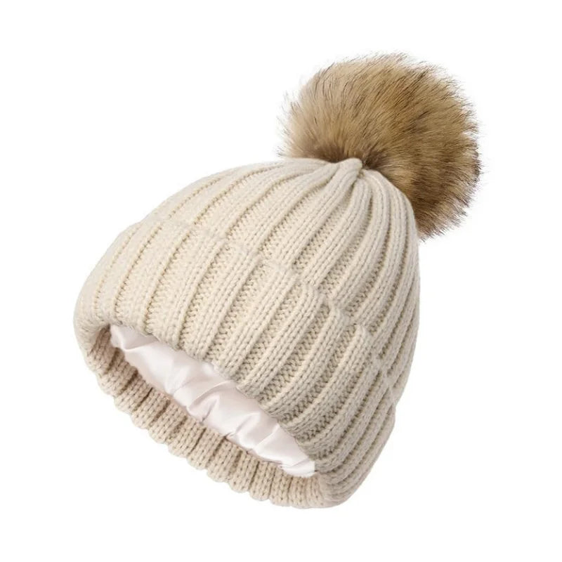 Adult soft knitted hat with no brim, reverse mouth hat, satin lining, wool ball hat, warm knitted hat without label Oasis Select