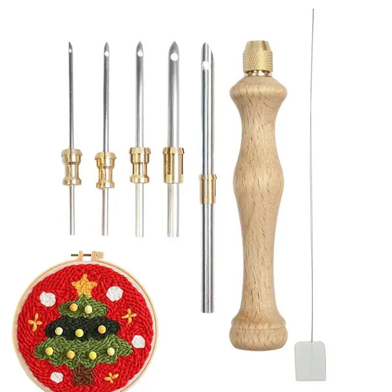 Punch Needle Kits Wooden Handle Punch Pen Embroidery Tools 5/3.5/2.5/2/1.6mm Needles Hooking Tool Kits for Embroidery Floss Oasis Select